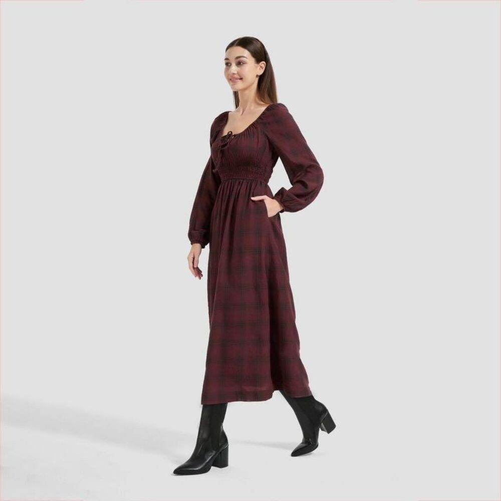 Women's Long Sleeve Midi A-Line Dress - Universal Thread Rosewood Brown Plaid XS - Picture 3 of 4